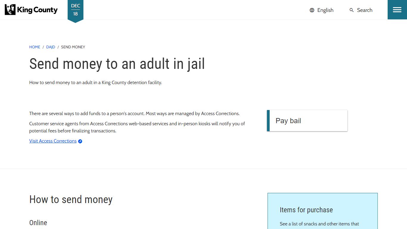 Send money to an adult in jail - King County, Washington